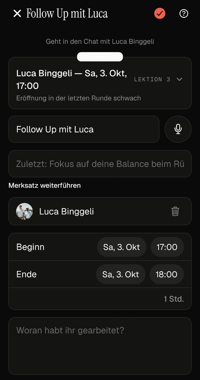 Lesson follow-up with a microphone button, lesson time, photos and drills, sent to the client chat